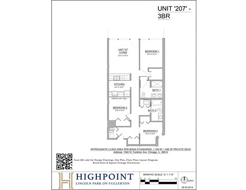 Floor plan for 3 beds, 2 baths, 1159 sqft